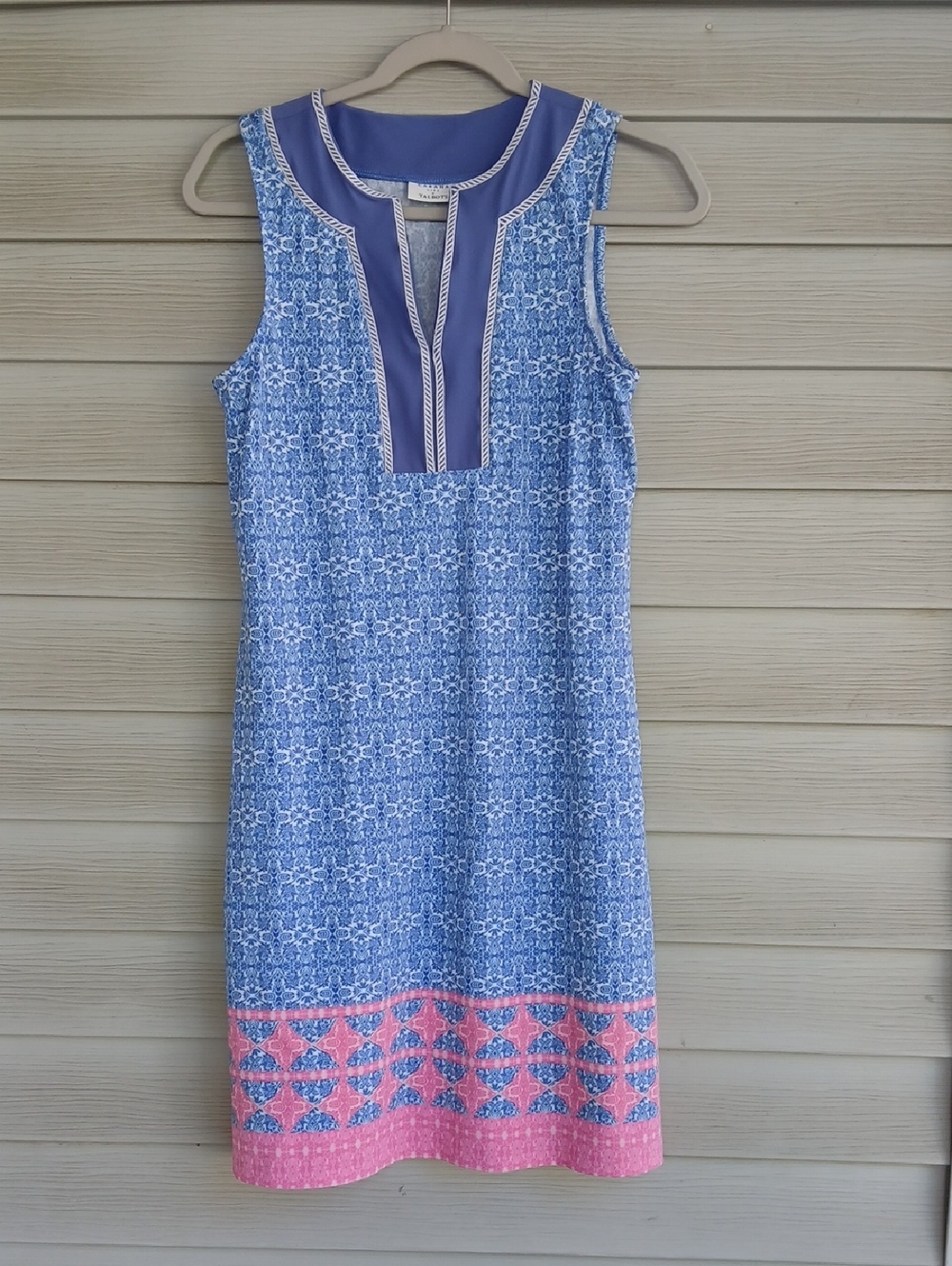 CABANA Life Talbots Blue Patterned Midi Dress with Pink Border